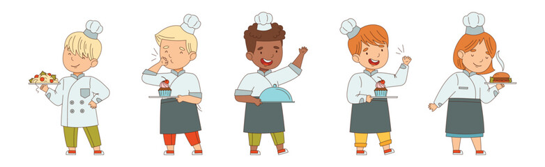 Children Chef Cooking and Meal Preparing Vector Set