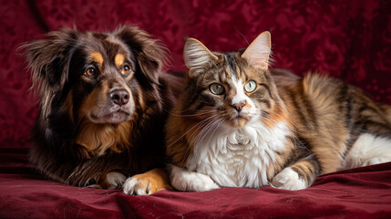 A devoted Australian Shepherd and a regal Scottish Fold cat showcasing their bond on a deep maroon surface.