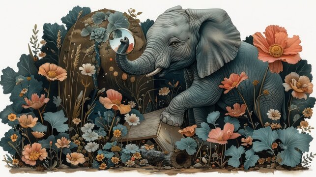 a painting of an elephant with a mirror in it's trunk in the middle of a field of flowers.