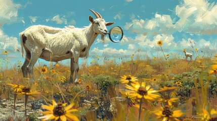 a painting of a goat with a ring in its mouth standing in a field of sunflowers and daisies.