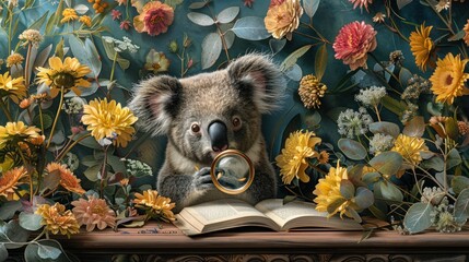 a painting of a koala holding a magnifying glass in front of a book with flowers on it.