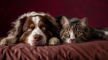 A devoted Australian Shepherd and a regal Scottish Fold cat showcasing their bond on a deep maroon...