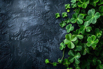 Green clover leaves on dark background with empty space for St. Patrick's Day.