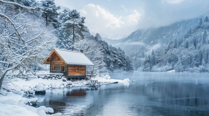 An idyllic winter setting unfolds in the photo, showcasing a picturesque lake surrounded by snow-capped mountains, with a small cabin radiating warmth and comfort.