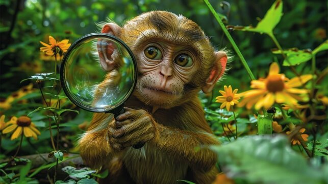 a close up of a monkey holding a magnifying glass in front of a bunch of wildflowers.