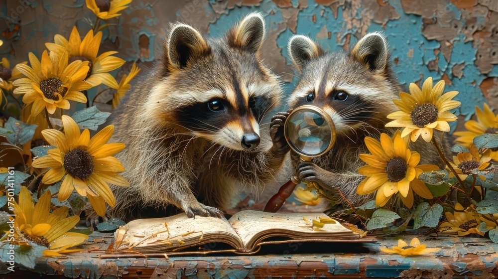 Wall mural two raccoons looking through a magnifying glass at a book with sunflowers in the background.