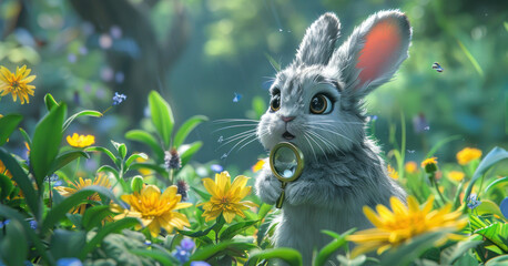 a painting of a rabbit in a field of flowers with a magnifying glass in it's mouth. - obrazy, fototapety, plakaty