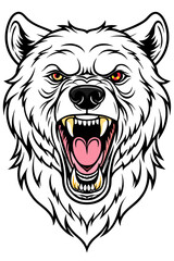 Black and white drawing of a grizzly bear head with open mouth and sharp teeth. The bear has erect ears and a menacing expression. The drawing is detailed and realistic.