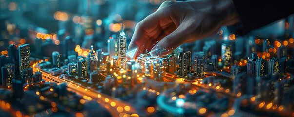 Corporate strategist holding smart city icons, spearheading the development of connected urban...