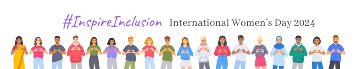 Inspire inclusion campaign pose. International Women's Day 2024 theme. Smiling diverse women and men make heart symbol with hands to stop discrimination and stereotypes. Gender equal inclusive world