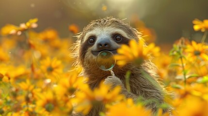 Naklejka premium a close up of a sloth in a field of flowers with a bubble hanging from it's mouth.