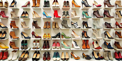 there are a lot of women's shoes on the shelves - obrazy, fototapety, plakaty