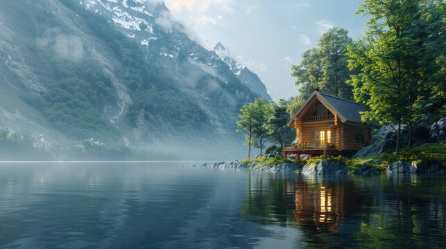 A picturesque view unfolds in the photo, with a small and cozy cabin nestled on the tranquil shores of a mountain lake, offering a serene haven amidst nature's grandeur.