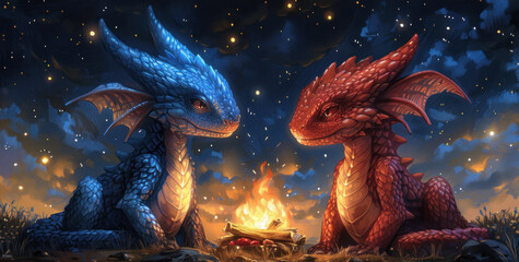 a couple of red and blue dragon sitting next to each other in front of a campfire on a field. - obrazy, fototapety, plakaty