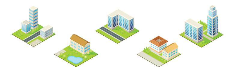 City Building and Urban Construction on Square Grass Vector Set