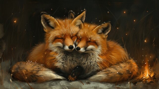 a painting of a red fox with its eyes closed and eyes closed sitting in front of a fire and grass background.