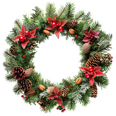 Fototapeta na wymiar Christmas and New Year wreath with decorations isolated on white or transparent background