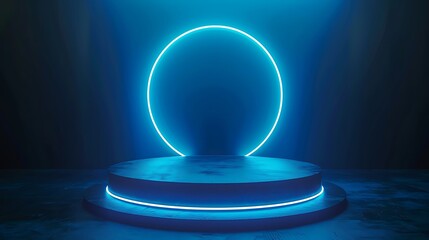 Realistic 3d blue cylinder pedestal podium in Sci-fi dark blue abstract room with illuminate horizontal neon lamp. Vector rendering product display presentation. Futuristic minimal scene. Generative A