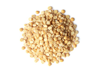 Heap of Organic Dried Yellow Split Peas. Top View. Isolated on White.