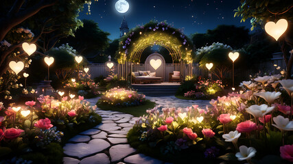 A serene garden under the soft glow of the moon, adorned with heart-shaped fairy lights, blooming flowers in vibrant hues