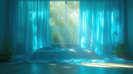 a bedroom with blue curtains and a bed in the middle of the room with the sun shining through the window.