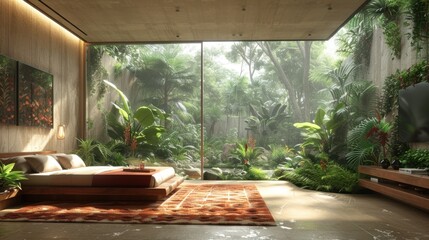 a living room filled with lots of plants and a flat screen tv sitting on top of a hard wood floor.
