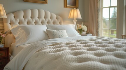 a bed with a white comforter and pillows in a room with two lamps on either side of the bed.