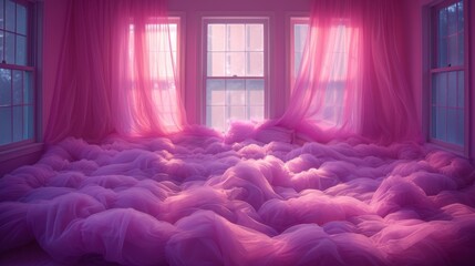 a bed covered in pink tulle next to a window in a room with pink curtains and curtains on the windowsill. - obrazy, fototapety, plakaty