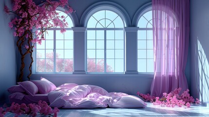 a room with a large window, a bed, and a pink flowered tree in the corner of the room.