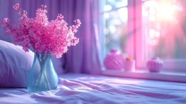 a blue vase filled with pink flowers sitting on top of a bed next to a window with a pink curtain.