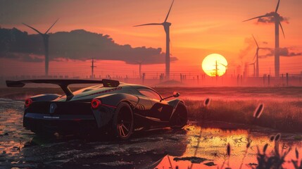 The image in front of the sports car scene behind as the sun going down with wind turbines in the back.