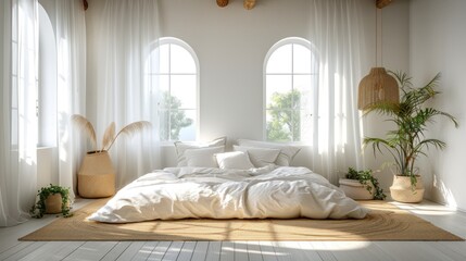 Fototapeta na wymiar a bed with white sheets and pillows in a room with two windows and a potted plant in the corner.