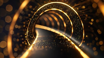 Rounded curve golden line dark tunnel of lights for ecommerce signs retail shopping, advertisement business agency, ads campaign marketing, email newsletter, landing pages, creative. Generative Ai