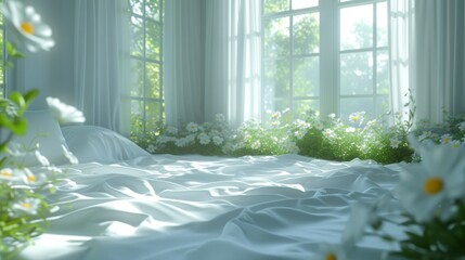 the sun shines through the window onto a bed with white sheets and daisies in front of a window. - obrazy, fototapety, plakaty