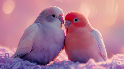 A devoted pair of lovebirds sitting close together on a soft lavender surface.