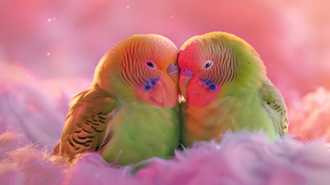 A devoted pair of lovebirds sitting close together on a soft lavender surface.