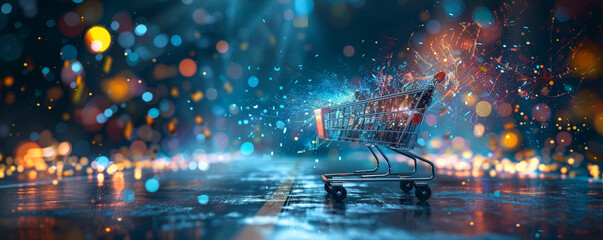 Visionary leader navigating e-commerce icons, shaping the future of online retail. Embracing digital transformation to create seamless and personalized shopping experiences. - obrazy, fototapety, plakaty