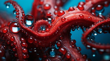 Obraz premium Vibrant details of octopus tentacles with suckers submerged in vivid red liquid are showcased in a mesmerizing macro shot, capturing intricate textures and patterns.