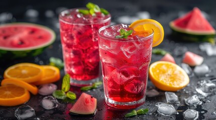 a close up of two glasses of watermelon lemonade and a slice of watermelon on a table.