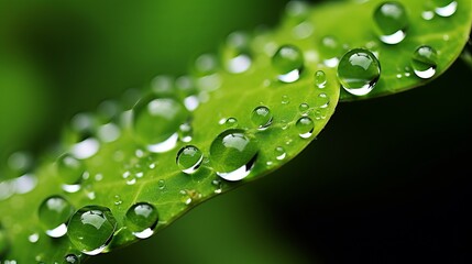 Water droplets adorn a furled plant in a detailed macro shot.