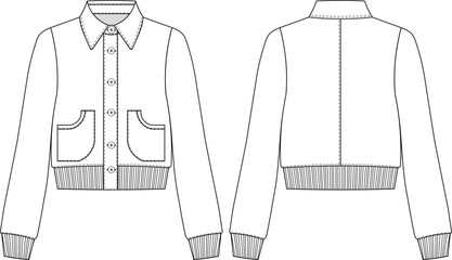 with pocket collared ribbed buttoned long sleeve college jacket template technical drawing flat sketch cad mockup fashion woman design style model
