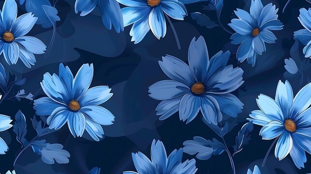 Seamless floral pattern with blue flowers daisy on a dark blue backgrounds for textile wallpaper, books covers, Digital interfaces, prints design templates material cards invitations. Generative Ai