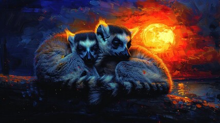 a painting of two raccoons sitting next to each other in front of a bright orange and blue background.