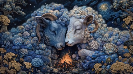 Obraz premium a painting of two rams sleeping next to a campfire in a field of blue flowers and cacti.