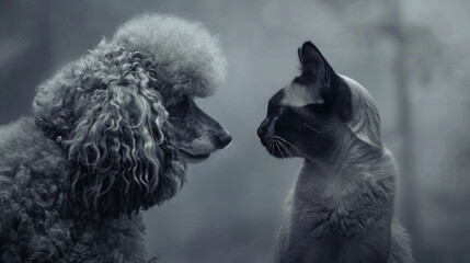 A devoted poodle and a graceful Siamese cat gazing lovingly at each other on a misty gray...