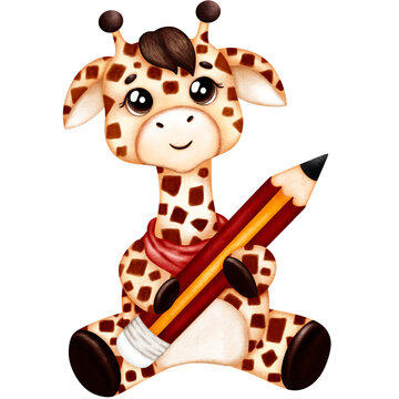Cartoon giraffe with pencil clipart, giraffe clipart, animal clipart. Download high resolution JPEG and transparent PNG images.
