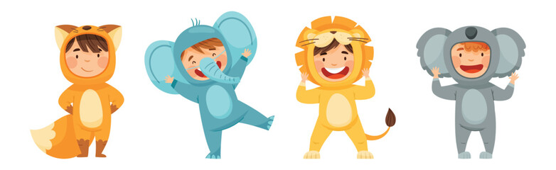 Little Boy and Girl Wearing Animal Costumes Waving Hand and Having Fun Vector Set