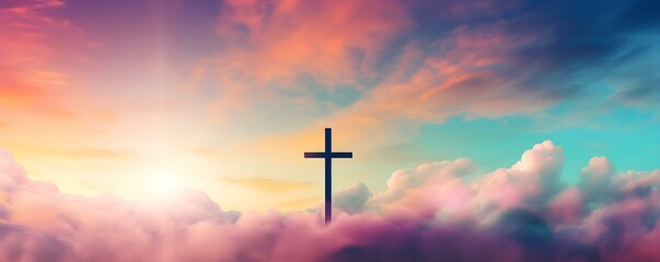 Symbolizing Christian Faith in Resurrection and Hope: Vibrant Sky Highlights Iconic Cross. Concept Religious Photography, Christian Symbols, Hopeful Landscapes, Spiritual Artistry