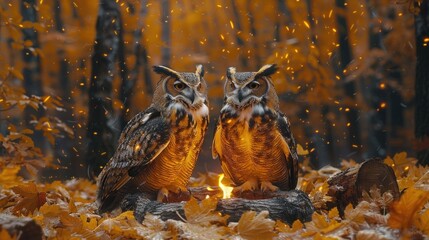 Obraz premium two owls sitting next to each other on top of a pile of leaves in front of a forest filled with yellow and orange leaves.