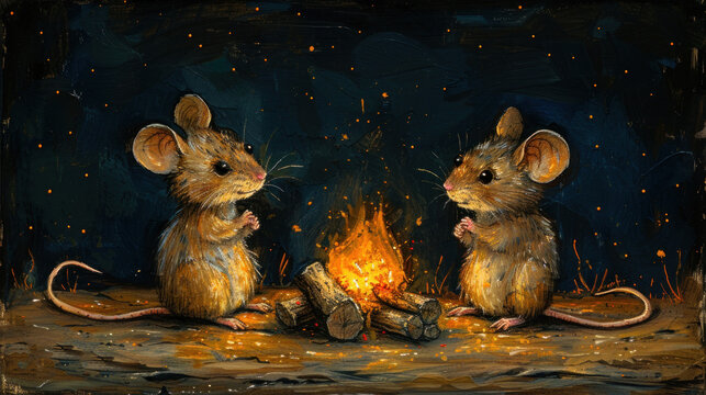 a painting of two mice sitting in front of a fire with their backs turned to look like they are facing each other.